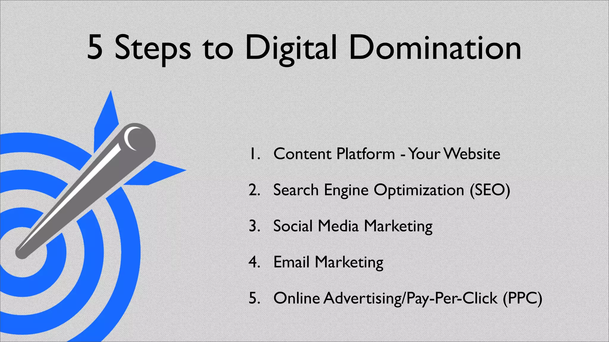 5 Steps to Digital Domination

          1. Content Platform - Your Website

          2. Search Engine Optimization (SEO)

          3. Social Media Marketing

          4. Email Marketing

          5. Online Advertising/Pay-Per-Click (PPC)
 