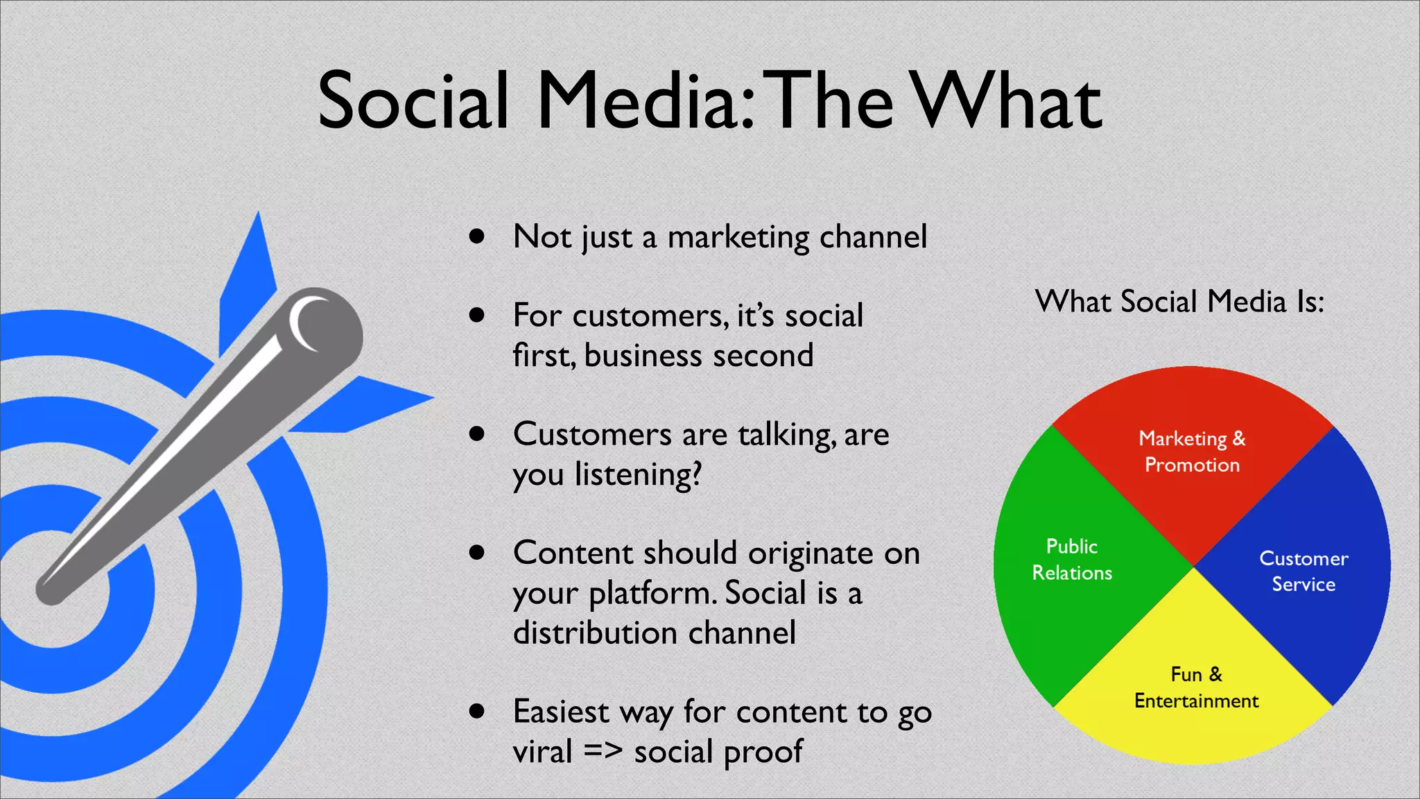 Social Media: The What
    •   Not just a marketing channel

    •   For customers, it’s social      What Social Media Is:
        ﬁrst, business second

    •   Customers are talking, are
        you listening?

    •   Content should originate on
        your platform. Social is a
        distribution channel

    •   Easiest way for content to go
        viral => social proof
 