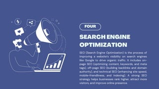 FOUR
SEARCH ENGINE
OPTIMIZATION
SEO (Search Engine Optimization) is the process of
improving a website’s visibility on search engines
like Google to drive organic traffic. It includes on-
page SEO (optimizing content, keywords, and meta
tags), off-page SEO (building backlinks and domain
authority), and technical SEO (enhancing site speed,
mobile-friendliness, and indexing). A strong SEO
strategy helps businesses rank higher, attract more
visitors, and improve online presence.
 
