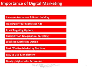 Importance of Digital Marketing
Increase Awareness & Brand building
Tracking of Your Marketing Ads
Possibility of Geographical Targeting
Localized Marketing Option
Exact Targeting Options
Finally , higher sales & revenue
Cost Effective Marketing Medium
Easy to Use & Implement
Copyright © 2017 www.shamsherkhan.com
All rights reserved.
6
 