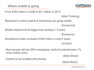 Where mobile is going
From $160 million in 2008 to $3.1 billion in 2013
                                                    (Mobi Thinking)
Revenues in online search & advertising are going mobile
                                                    (Comscore)
Mobile internet will be bigger than desktop < 5 years
                                                    (Everyone)
Smartphone sales increase of 300 million in next 4 years
                                                    (Juniper)

Next decade will see 99% messaging, media & entertainment 1%
voice mobile users
                                              (Slide Share)
Content to be bundled with phones
                                             (Slide Share)
                                                            Digital Marketing
 