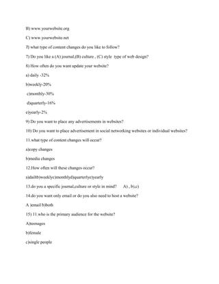 B) www.yourwebsite.org
C) www.yourwebsite.net
7) what type of content changes do you like to follow?
7) Do you like a (A) journal,(B) culture , (C) style type of web design?
8) How often do you want update your website?
a) daily -32%
b)weekly-20%
c)monthly-30%
d)quarterly-16%
e)yearly-2%
9) Do you want to place any advertisements in websites?
10) Do you want to place advertisement in social networking websites or individual websites?
11.what type of content changes will occur?
a)copy changes
b)media changes
12.How often will these changes occur?
a)dailtb)weeklyc)monthlyd)quarterlye)yearly
13.do you a specific journal,culture or style in mind?

A) , b),c)

14.do you want only email or do you also need to host a website?
A )email b)both
15) 11.who is the primary audience for the website?
A)teenages
b)female
c)single people

 