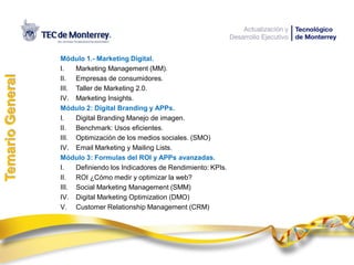Módulo 1.- Marketing Digital.
I. Marketing Management (MM).
II. Empresas de consumidores.
III. Taller de Marketing 2.0.
IV. Marketing Insights.
Módulo 2: Digital Branding y APPs.
I. Digital Branding Manejo de imagen.
II. Benchmark: Usos eficientes.
III. Optimización de los medios sociales. (SMO)
IV. Email Marketing y Mailing Lists.
Módulo 3: Formulas del ROI y APPs avanzadas.
I. Definiendo los Indicadores de Rendimiento: KPIs.
II. ROI ¿Cómo medir y optimizar la web?
III. Social Marketing Management (SMM)
IV. Digital Marketing Optimization (DMO)
V. Customer Relationship Management (CRM)
TemarioGeneral
 
