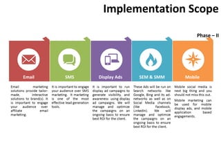 Implementation Scope
Email SMS Display Ads SEM & SMM Mobile
Phase – II
 