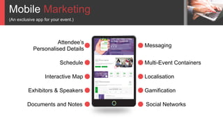 Mobile Marketing
(An exclusive app for your event.)
Attendee’s
Personalised Details
Schedule
Interactive Map
Exhibitors & Speakers
Documents and Notes
Messaging
Multi-Event Containers
Localisation
Gamification
Social Networks
 