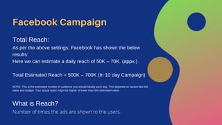Facebook Campaign
Total Reach:
As per the above settings, Facebook has shown the below
results:
Here we can estimate a daily reach of 50K – 70K. (appx.)
Total Estimated Reach = 500K – 700K (In 10 day Campaign)
NOTE: This is the estimated number of audience you should ideally each day. This depends on factors like bid,
value and budget. Your actual reach might be higher or lower than this estimated value.
What is Reach?
Number of times the ads are shown to the users.
 