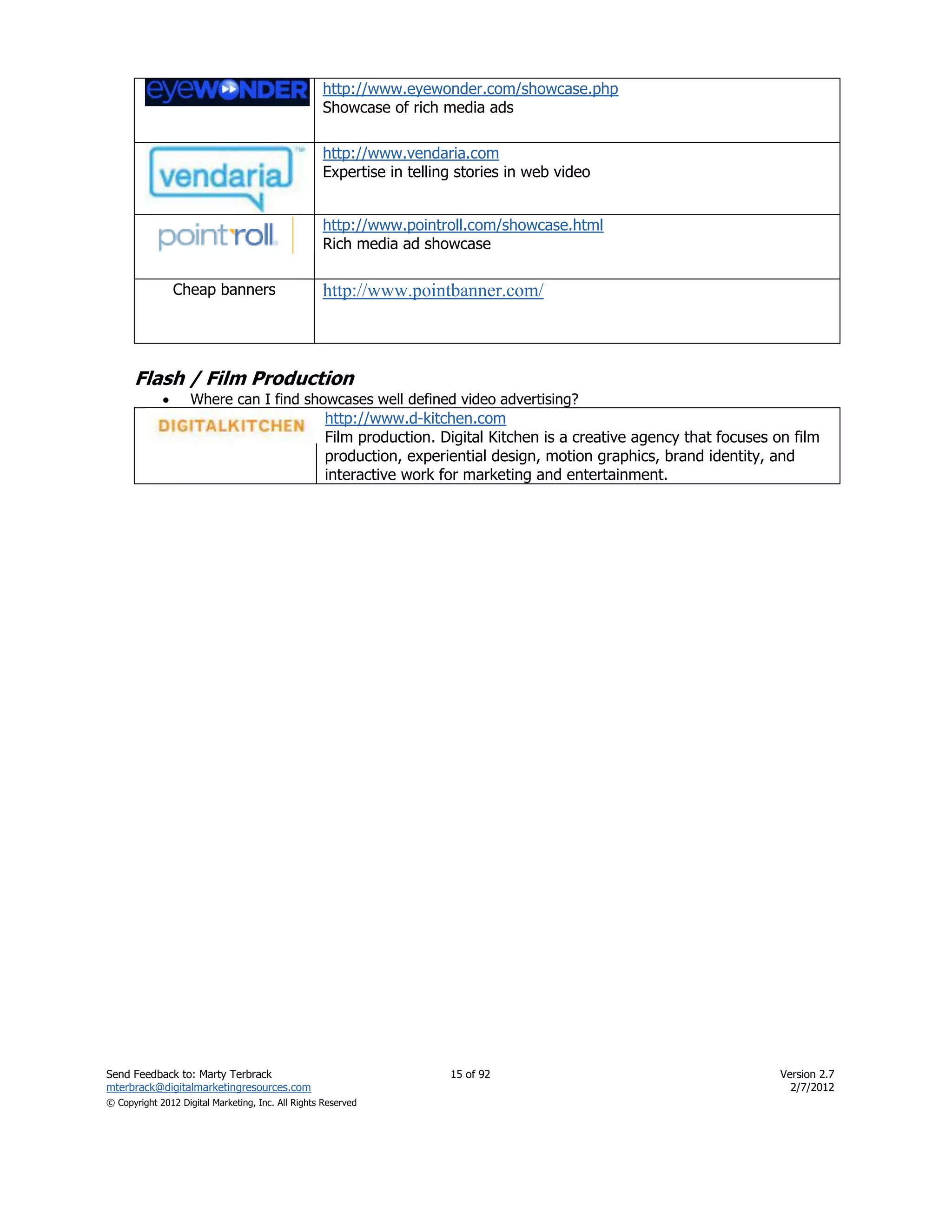 http://www.eyewonder.com/showcase.php
                                                   Showcase of rich media ads

                                                   http://www.vendaria.com
                                                   Expertise in telling stories in web video


                                                   http://www.pointroll.com/showcase.html
                                                   Rich media ad showcase

                 Cheap banners                     http://www.pointbanner.com/



      Flash / Film Production
                   Where can I find showcases well defined video advertising?
                                                    http://www.d-kitchen.com
                                                    Film production. Digital Kitchen is a creative agency that focuses on film
                                                    production, experiential design, motion graphics, brand identity, and
                                                    interactive work for marketing and entertainment.




Send Feedback to: Marty Terbrack                                      15 of 92                                          Version 2.7
mterbrack@digitalmarketingresources.com                                                                                   2/7/2012
© Copyright 2012 Digital Marketing, Inc. All Rights Reserved
 
