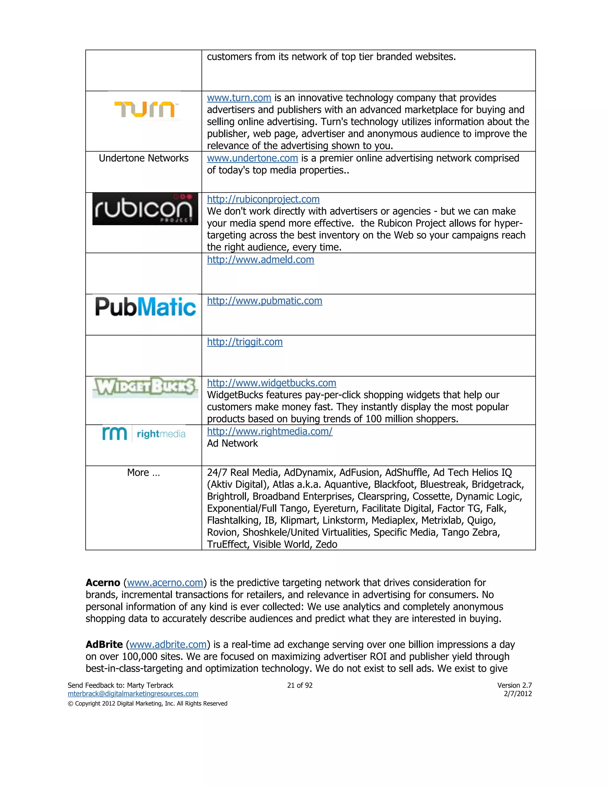 customers from its network of top tier branded websites.



                                                    www.turn.com is an innovative technology company that provides
                                                    advertisers and publishers with an advanced marketplace for buying and
                                                    selling online advertising. Turn's technology utilizes information about the
                                                    publisher, web page, advertiser and anonymous audience to improve the
                                                    relevance of the advertising shown to you.
           Undertone Networks                       www.undertone.com is a premier online advertising network comprised
                                                    of today's top media properties..

                                                    http://rubiconproject.com
                                                    We don't work directly with advertisers or agencies - but we can make
                                                    your media spend more effective. the Rubicon Project allows for hyper-
                                                    targeting across the best inventory on the Web so your campaigns reach
                                                    the right audience, every time.
                                                    http://www.admeld.com



                                                    http://www.pubmatic.com



                                                    http://triggit.com



                                                    http://www.widgetbucks.com
                                                    WidgetBucks features pay-per-click shopping widgets that help our
                                                    customers make money fast. They instantly display the most popular
                                                    products based on buying trends of 100 million shoppers..
                                                    http://www.rightmedia.com/
                                                    Ad Network

                      More …                        24/7 Real Media, AdDynamix, AdFusion, AdShuffle, Ad Tech Helios IQ
                                                    (Aktiv Digital), Atlas a.k.a. Aquantive, Blackfoot, Bluestreak, Bridgetrack,
                                                    Brightroll, Broadband Enterprises, Clearspring, Cossette, Dynamic Logic,
                                                    Exponential/Full Tango, Eyereturn, Facilitate Digital, Factor TG, Falk,
                                                    Flashtalking, IB, Klipmart, Linkstorm, Mediaplex, Metrixlab, Quigo,
                                                    Rovion, Shoshkele/United Virtualities, Specific Media, Tango Zebra,
                                                    TruEffect, Visible World, Zedo


      Acerno (www.acerno.com) is the predictive targeting network that drives consideration for
      brands, incremental transactions for retailers, and relevance in advertising for consumers. No
      personal information of any kind is ever collected: We use analytics and completely anonymous
      shopping data to accurately describe audiences and predict what they are interested in buying.

      AdBrite (www.adbrite.com) is a real-time ad exchange serving over one billion impressions a day
      on over 100,000 sites. We are focused on maximizing advertiser ROI and publisher yield through
      best-in-class-targeting and optimization technology. We do not exist to sell ads. We exist to give
Send Feedback to: Marty Terbrack                                         21 of 92                                        Version 2.7
mterbrack@digitalmarketingresources.com                                                                                    2/7/2012
© Copyright 2012 Digital Marketing, Inc. All Rights Reserved
 