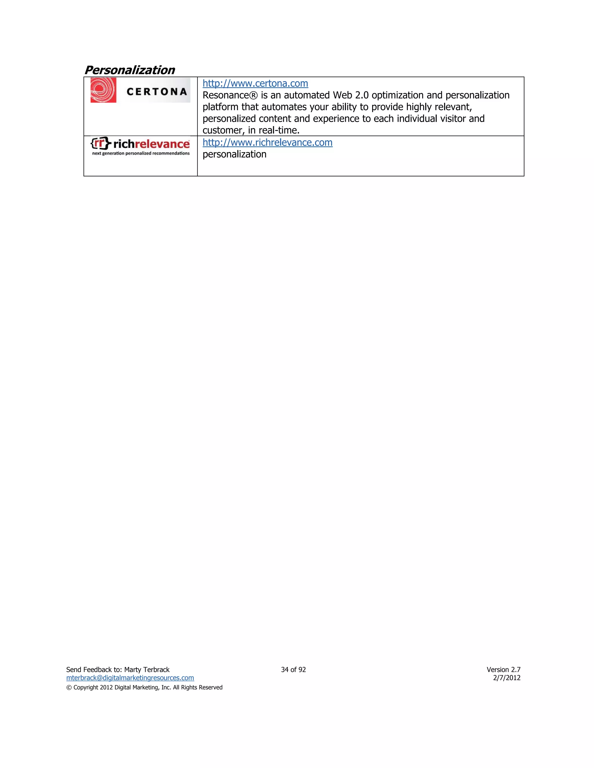 Personalization
                                                    http://www.certona.com
                                                    Resonance® is an automated Web 2.0 optimization and personalization
                                                    platform that automates your ability to provide highly relevant,
                                                    personalized content and experience to each individual visitor and
                                                    customer, in real-time.
                                                    http://www.richrelevance.com
                                                    personalization




Send Feedback to: Marty Terbrack                                     34 of 92                                     Version 2.7
mterbrack@digitalmarketingresources.com                                                                             2/7/2012
© Copyright 2012 Digital Marketing, Inc. All Rights Reserved
 