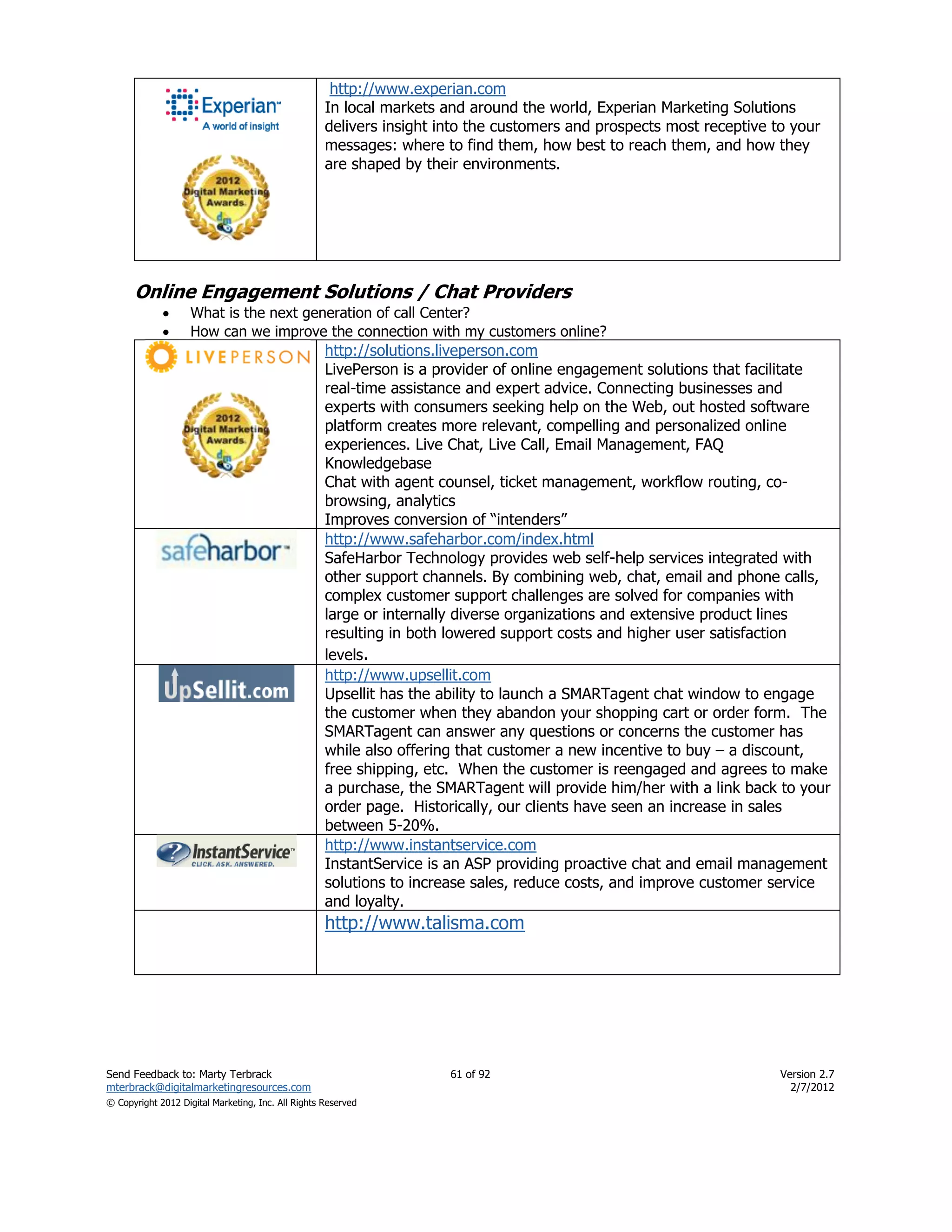 http://www.experian.com
                                                    In local markets and around the world, Experian Marketing Solutions
                                                    delivers insight into the customers and prospects most receptive to your
                                                    messages: where to find them, how best to reach them, and how they
                                                    are shaped by their environments.




      Online Engagement Solutions / Chat Providers
                   What is the next generation of call Center?
                   How can we improve the connection with my customers online?
                                                    http://solutions.liveperson.com
                                                    LivePerson is a provider of online engagement solutions that facilitate
                                                    real-time assistance and expert advice. Connecting businesses and
                                                    experts with consumers seeking help on the Web, out hosted software
                                                    platform creates more relevant, compelling and personalized online
                                                    experiences. Live Chat, Live Call, Email Management, FAQ
                                                    Knowledgebase
                                                    Chat with agent counsel, ticket management, workflow routing, co-
                                                    browsing, analytics
                                                    Improves conversion of ―intenders‖
                                                    http://www.safeharbor.com/index.html
                                                    SafeHarbor Technology provides web self-help services integrated with
                                                    other support channels. By combining web, chat, email and phone calls,
                                                    complex customer support challenges are solved for companies with
                                                    large or internally diverse organizations and extensive product lines
                                                    resulting in both lowered support costs and higher user satisfaction
                                                    levels.
                                                    http://www.upsellit.com
                                                    Upsellit has the ability to launch a SMARTagent chat window to engage
                                                    the customer when they abandon your shopping cart or order form. The
                                                    SMARTagent can answer any questions or concerns the customer has
                                                    while also offering that customer a new incentive to buy – a discount,
                                                    free shipping, etc. When the customer is reengaged and agrees to make
                                                    a purchase, the SMARTagent will provide him/her with a link back to your
                                                    order page. Historically, our clients have seen an increase in sales
                                                    between 5-20%.
                                                    http://www.instantservice.com
                                                    InstantService is an ASP providing proactive chat and email management
                                                    solutions to increase sales, reduce costs, and improve customer service
                                                    and loyalty.
                                                    http://www.talisma.com




Send Feedback to: Marty Terbrack                                      61 of 92                                        Version 2.7
mterbrack@digitalmarketingresources.com                                                                                 2/7/2012
© Copyright 2012 Digital Marketing, Inc. All Rights Reserved
 
