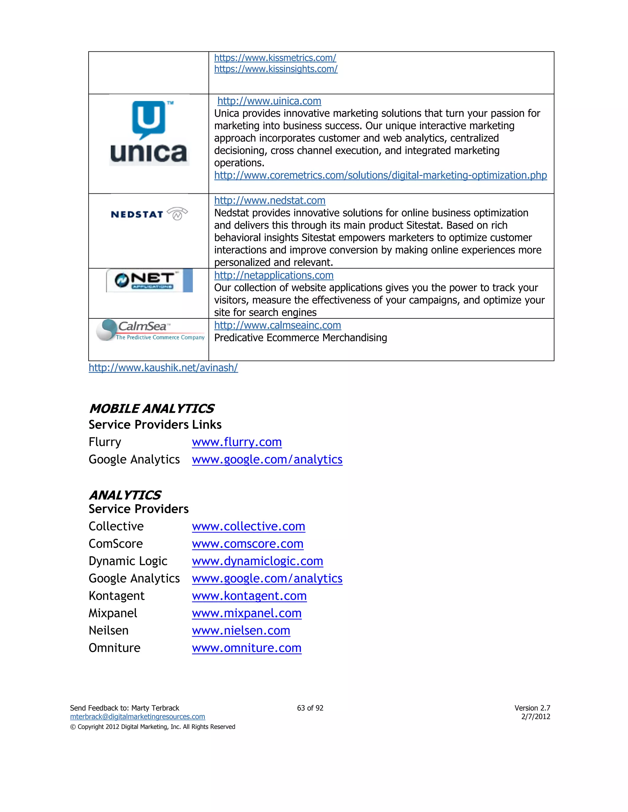 https://www.kissmetrics.com/
                                                    https://www.kissinsights.com/


                                                     http://www.uinica.com
                                                    Unica provides innovative marketing solutions that turn your passion for
                                                    marketing into business success. Our unique interactive marketing
                                                    approach incorporates customer and web analytics, centralized
                                                    decisioning, cross channel execution, and integrated marketing
                                                    operations.
                                                    http://www.coremetrics.com/solutions/digital-marketing-optimization.php

                                                    http://www.nedstat.com
                                                    Nedstat provides innovative solutions for online business optimization
                                                    and delivers this through its main product Sitestat. Based on rich
                                                    behavioral insights Sitestat empowers marketers to optimize customer
                                                    interactions and improve conversion by making online experiences more
                                                    personalized and relevant.
                                                    http://netapplications.com
                                                    Our collection of website applications gives you the power to track your
                                                    visitors, measure the effectiveness of your campaigns, and optimize your
                                                    site for search engines
                                                    http://www.calmseainc.com
                                                    Predicative Ecommerce Merchandising

      http://www.kaushik.net/avinash/



      MOBILE ANALYTICS
      Service Providers Links
      Flurry            www.flurry.com
      Google Analytics www.google.com/analytics

      ANALYTICS
      Service Providers
      Collective        www.collective.com
      ComScore          www.comscore.com
      Dynamic Logic     www.dynamiclogic.com
      Google Analytics www.google.com/analytics
      Kontagent         www.kontagent.com
      Mixpanel          www.mixpanel.com
      Neilsen           www.nielsen.com
      Omniture          www.omniture.com



Send Feedback to: Marty Terbrack                                       63 of 92                                      Version 2.7
mterbrack@digitalmarketingresources.com                                                                                2/7/2012
© Copyright 2012 Digital Marketing, Inc. All Rights Reserved
 