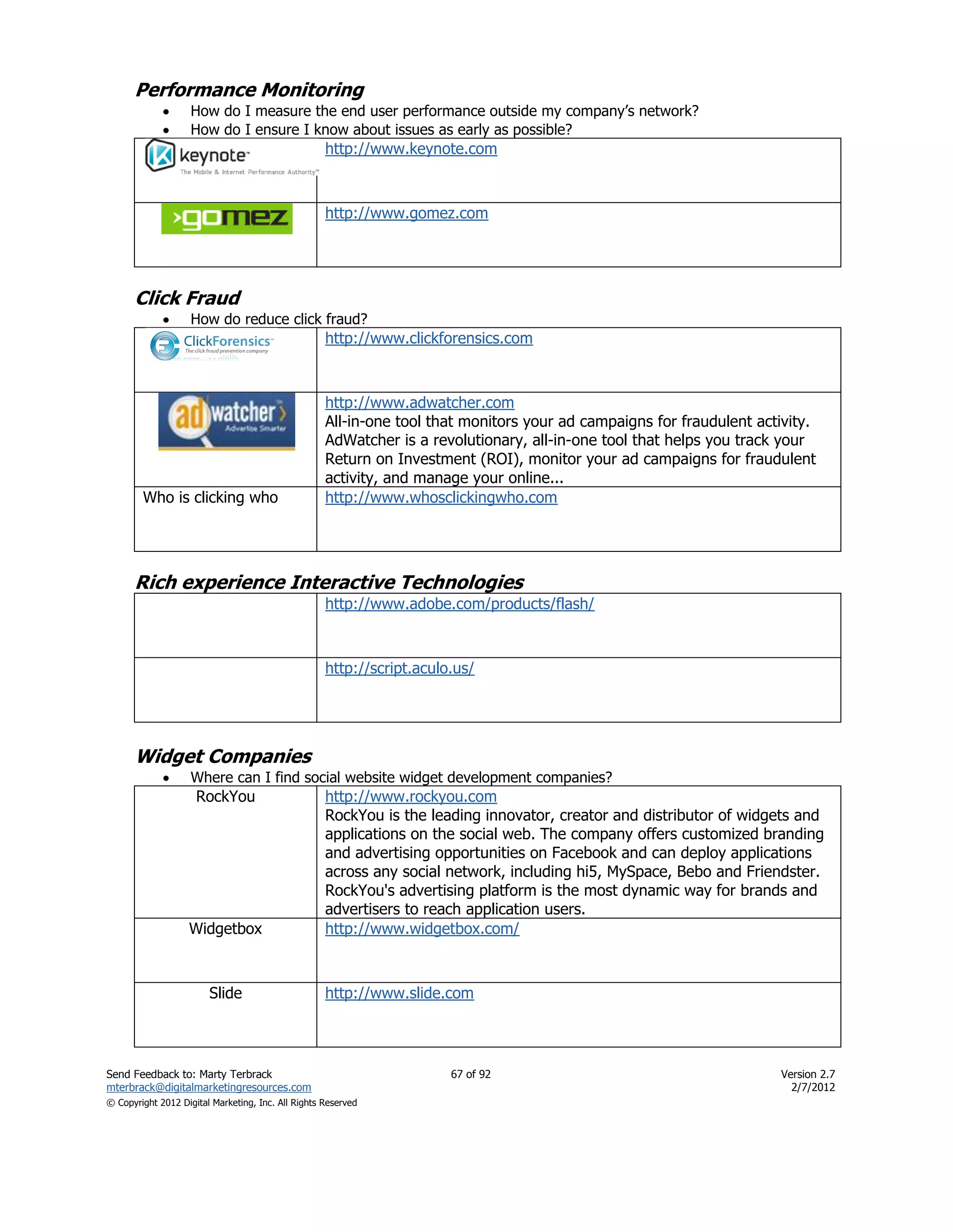 Performance Monitoring
                   How do I measure the end user performance outside my company’s network?
                   How do I ensure I know about issues as early as possible?
                                                    http://www.keynote.com



                                                    http://www.gomez.com




      Click Fraud
                   How do reduce click fraud?
                                                    http://www.clickforensics.com



                                                    http://www.adwatcher.com
                                                    All-in-one tool that monitors your ad campaigns for fraudulent activity.
                                                    AdWatcher is a revolutionary, all-in-one tool that helps you track your
                                                    Return on Investment (ROI), monitor your ad campaigns for fraudulent
                                                    activity, and manage your online...
        Who is clicking who                         http://www.whosclickingwho.com




      Rich experience Interactive Technologies
                                                    http://www.adobe.com/products/flash/



                                                    http://script.aculo.us/




      Widget Companies
                   Where can I find social website widget development companies?
                     RockYou                        http://www.rockyou.com
                                                    RockYou is the leading innovator, creator and distributor of widgets and
                                                    applications on the social web. The company offers customized branding
                                                    and advertising opportunities on Facebook and can deploy applications
                                                    across any social network, including hi5, MySpace, Bebo and Friendster.
                                                    RockYou's advertising platform is the most dynamic way for brands and
                                                    advertisers to reach application users.
                   Widgetbox                        http://www.widgetbox.com/



                        Slide                       http://www.slide.com




Send Feedback to: Marty Terbrack                                       67 of 92                                       Version 2.7
mterbrack@digitalmarketingresources.com                                                                                 2/7/2012
© Copyright 2012 Digital Marketing, Inc. All Rights Reserved
 