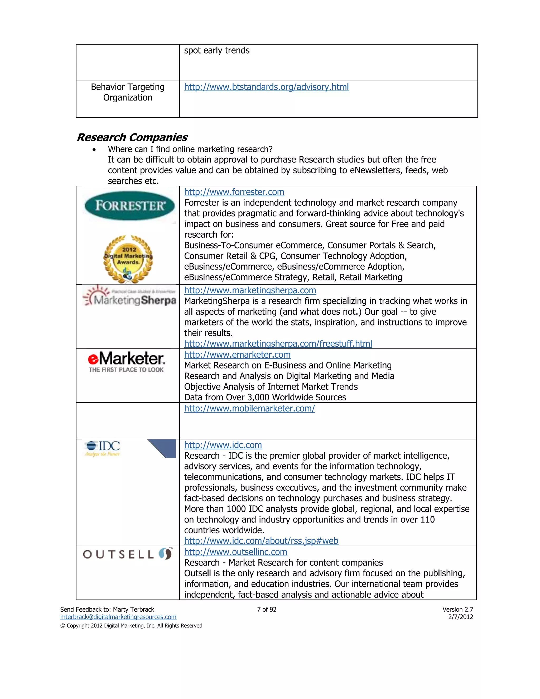 spot early trends



            Behavior Targeting                      http://www.btstandards.org/advisory.html
               Organization



      Research Companies
                   Where can I find online marketing research?
                    It can be difficult to obtain approval to purchase Research studies but often the free
                    content provides value and can be obtained by subscribing to eNewsletters, feeds, web
                    searches etc.
                                          http://www.forrester.com
                                          Forrester is an independent technology and market research company
                                          that provides pragmatic and forward-thinking advice about technology's
                                          impact on business and consumers. Great source for Free and paid
                                          research for:
                                          Business-To-Consumer eCommerce, Consumer Portals & Search,
                                          Consumer Retail & CPG, Consumer Technology Adoption,
                                          eBusiness/eCommerce, eBusiness/eCommerce Adoption,
                                          eBusiness/eCommerce Strategy, Retail, Retail Marketing
                                          http://www.marketingsherpa.com
                                          MarketingSherpa is a research firm specializing in tracking what works in
                                          all aspects of marketing (and what does not.) Our goal -- to give
                                          marketers of the world the stats, inspiration, and instructions to improve
                                          their results.
                                          http://www.marketingsherpa.com/freestuff.html
                                          http://www.emarketer.com
                                          Market Research on E-Business and Online Marketing
                                          Research and Analysis on Digital Marketing and Media
                                          Objective Analysis of Internet Market Trends
                                          Data from Over 3,000 Worldwide Sources
                                          http://www.mobilemarketer.com/



                                                    http://www.idc.com
                                                    Research - IDC is the premier global provider of market intelligence,
                                                    advisory services, and events for the information technology,
                                                    telecommunications, and consumer technology markets. IDC helps IT
                                                    professionals, business executives, and the investment community make
                                                    fact-based decisions on technology purchases and business strategy.
                                                    More than 1000 IDC analysts provide global, regional, and local expertise
                                                    on technology and industry opportunities and trends in over 110
                                                    countries worldwide.
                                                    http://www.idc.com/about/rss.jsp#web
                                                    http://www.outsellinc.com
                                                    Research - Market Research for content companies
                                                    Outsell is the only research and advisory firm focused on the publishing,
                                                    information, and education industries. Our international team provides
                                                    independent, fact-based analysis and actionable advice about
Send Feedback to: Marty Terbrack                                        7 of 92                                       Version 2.7
mterbrack@digitalmarketingresources.com                                                                                 2/7/2012
© Copyright 2012 Digital Marketing, Inc. All Rights Reserved
 