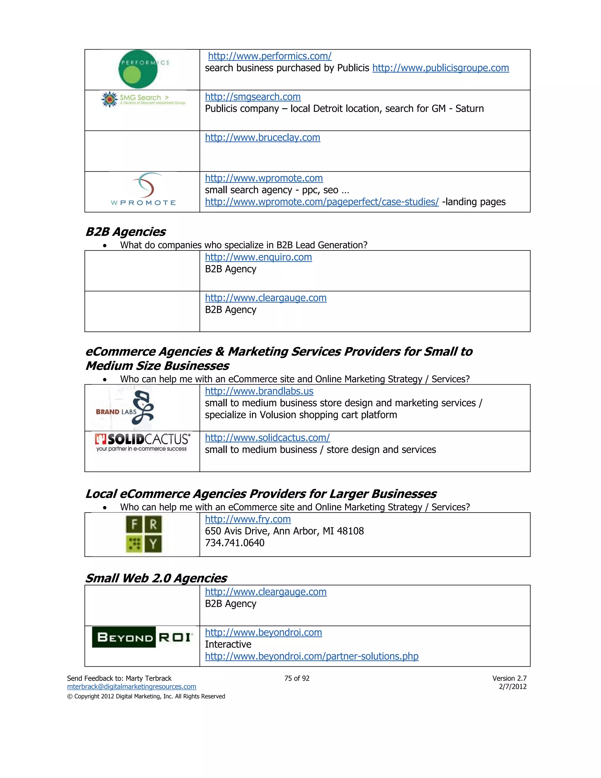http://www.performics.com/
                                                    search business purchased by Publicis http://www.publicisgroupe.com

                                                    http://smgsearch.com
                                                    Publicis company – local Detroit location, search for GM - Saturn

                                                    http://www.bruceclay.com



                                                    http://www.wpromote.com
                                                    small search agency - ppc, seo …
                                                    http://www.wpromote.com/pageperfect/case-studies/ -landing pages


      B2B Agencies
                   What do companies who specialize in B2B Lead Generation?
                                                    http://www.enquiro.com
                                                    B2B Agency

                                                    http://www.cleargauge.com
                                                    B2B Agency



      eCommerce Agencies & Marketing Services Providers for Small to
      Medium Size Businesses
                   Who can help me with an eCommerce site and Online Marketing Strategy / Services?
                                                    http://www.brandlabs.us
                                                    small to medium business store design and marketing services /
                                                    specialize in Volusion shopping cart platform

                                                    http://www.solidcactus.com/
                                                    small to medium business / store design and services



      Local eCommerce Agencies Providers for Larger Businesses
                   Who can help me with an eCommerce site and Online Marketing Strategy / Services?
                                                    http://www.fry.com
                                                    650 Avis Drive, Ann Arbor, MI 48108
                                                    734.741.0640


      Small Web 2.0 Agencies
                                                    http://www.cleargauge.com
                                                    B2B Agency

                                                    http://www.beyondroi.com
                                                    Interactive
                                                    http://www.beyondroi.com/partner-solutions.php

Send Feedback to: Marty Terbrack                                      75 of 92                                          Version 2.7
mterbrack@digitalmarketingresources.com                                                                                   2/7/2012
© Copyright 2012 Digital Marketing, Inc. All Rights Reserved
 