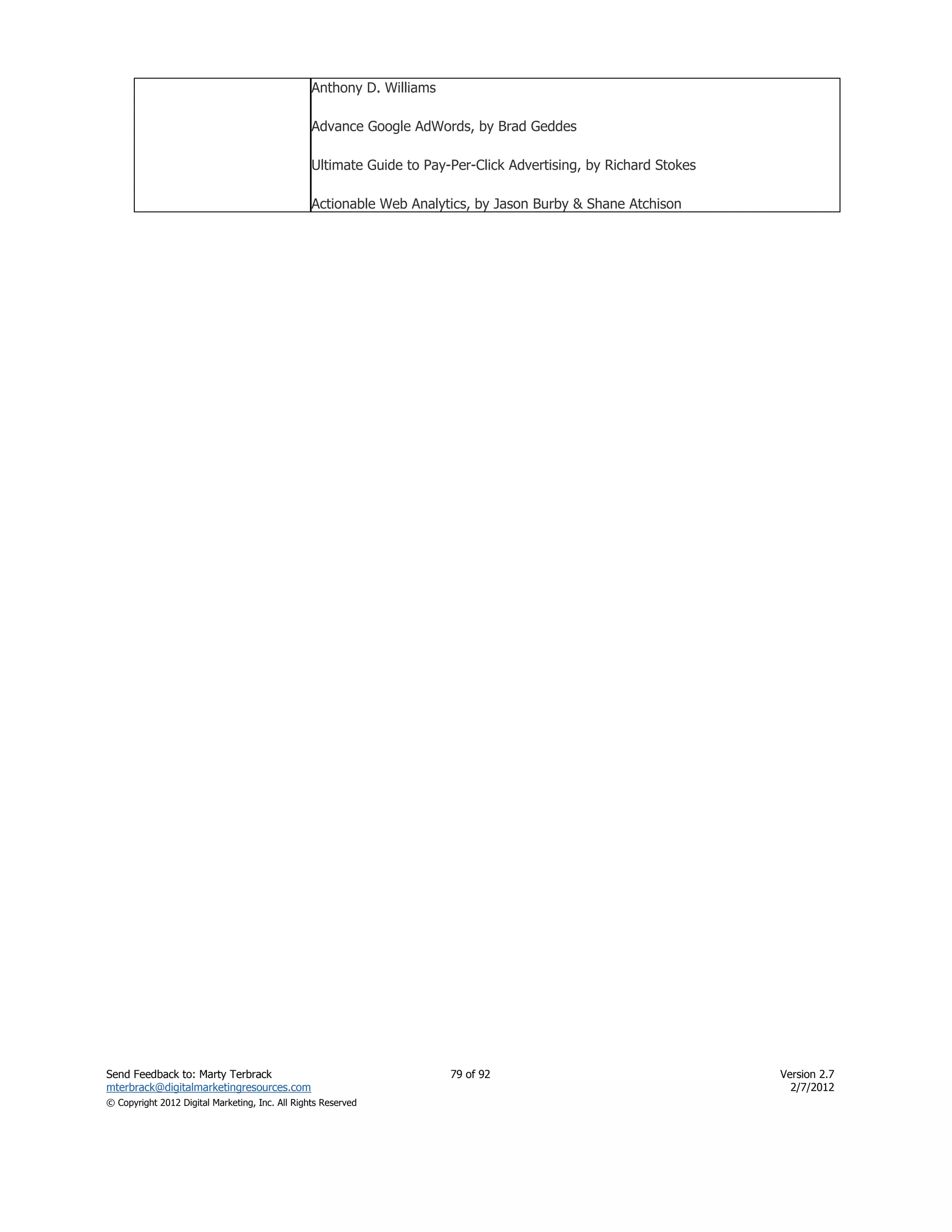 Anthony D. Williams

                                                 Advance Google AdWords, by Brad Geddes

                                                 Ultimate Guide to Pay-Per-Click Advertising, by Richard Stokes

                                                 Actionable Web Analytics, by Jason Burby & Shane Atchison




Send Feedback to: Marty Terbrack                                       79 of 92                                   Version 2.7
mterbrack@digitalmarketingresources.com                                                                             2/7/2012
© Copyright 2012 Digital Marketing, Inc. All Rights Reserved
 