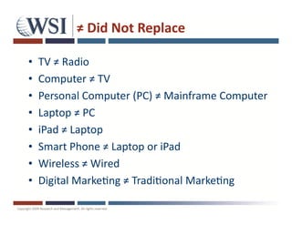 ≠ Did Not Replace

•   TV ≠ Radio
•   Computer ≠ TV
•   Personal Computer (PC) ≠ Mainframe Computer
•   Laptop ≠ PC
•   iPad ≠ Laptop
•   Smart Phone ≠ Laptop or iPad
•   Wireless ≠ Wired
•   Digital Marke ng ≠ Tradi onal Marke ng
 