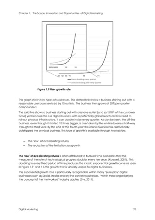Chapter 1: The Scope, Innovation and Opportunities of Digital Marketing
Digital Marketing 25
Figure 1.9 User growth rate
This graph shows two types of businesses. The dotted line shows a business starting out with a
reasonable user base serviced by 10 outlets. The business then grows at 20% per quarter
compounded.
The solid line shows a business starting out with only one outlet (and so 1/10th of the customer
base) yet because this is a digital business with a potentially global reach and no need to
roll-out physical infrastructure, it can double in size every quarter. As can be seen, the off-line
business, even though it started 10 times bigger, is overtaken by the on-line business half-way
through the third year. By the end of the fourth year the online business has dramatically
outstripped the physical business. This type of growth is available through two factors:
 The ‘law’ of accelerating returns
 The reduction of the limitations on growth
The ‘law’ of accelerating returns is often attributed to Kurzweil who postulates that the
measure of the rate of technological progress doubles every ten years (Kurzweil, 2001). This
doubling in every fixed period of time produces the classic exponential growth curve as seen
in Figure 1.9 and it is this growth that is virtually unique to digital businesses.
This exponential growth rate is particularly recognisable within many ‘pure play’ digital
businesses such as Social Media and on-line content businesses. Within these organisations
the concept of the ‘networked’ industry applies (Shy, 2011).
 