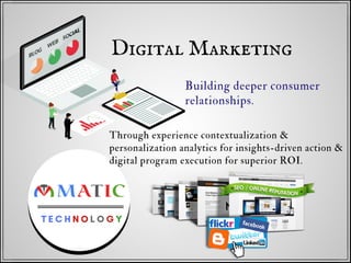 Digital Marketing
Building deeper consumer
relationships.
T E C H N O L O G Y
Through experience contextualization &
personalization analytics for insights-driven action &
digital program execution for superior ROI.
 