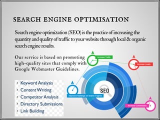 Searchengineoptimization(SEO)isthepracticeofincreasingthe
quantityandqualityoftraffictoyourwebsitethroughlocal&organic
searchengineresults.
search engine optimisation
Our service is based on promoting
high-quality sites that comply with
Google Webmaster Guidelines.
 