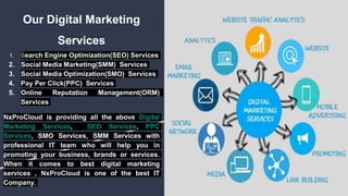 Our Digital Marketing
Services
1. Search Engine Optimization(SEO) Services
2. Social Media Marketing(SMM) Services
3. Social Media Optimization(SMO) Services
4. Pay Per Click(PPC) Services
5. Online Reputation Management(ORM)
Services
NxProCloud is providing all the above Digital
Marketing Services, SEO Services, PPC
Services, SMO Services, SMM Services with
professional IT team who will help you in
promoting your business, brands or services.
When it comes to best digital marketing
services , NxProCloud is one of the best IT
Company.
 
