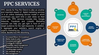 PPC SERVICES
PPC stands for Pay Per Click.It is also an another
and important aspect of digital marketing services
.It is an online marketing service model in which
advertisers pay each time a user clicks on their
online ads. PPC services includes Ads, Google
Adwords, Facebook and LinkedIn Marketing
services can help you get right in front of your
target audience for the right keywords. In addition,
it aggregate your website’s search engine or
organic marketing too.
Clients Benefits from PPC Advertising
1. Increased Return On Investment
2. Better leads & sales
3. Increased paid traffic
4. Creating Ad Copyright
5. Campaign report management
6. Reduced Cost Per Click
7. Landing page creation
8. Ad campaign set up
9. Bid management
 