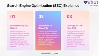 01 02 03
Search Engine Optimization (SEO) Explained
Understanding SEO
Basics
Importance of
Keywords
On-Page vs. Off-
Page SEO
SEO is the practice of
enhancing website visibility
on search engines through
keyword optimization,
quality content, and
technical improvements,
ultimately driving organic
traffic and improving search
rankings.
Effective keyword research
is crucial for SEO success,
as it helps identify the terms
potential customers use to
search for products or
services, allowing
businesses to tailor their
content accordingly.
On-page SEO focuses on
optimizing individual web
pages for better ranking,
while off-page SEO
involves external factors
like backlinks and social
media presence that
influence a site's authority
and credibility.
www.eflot.com
 