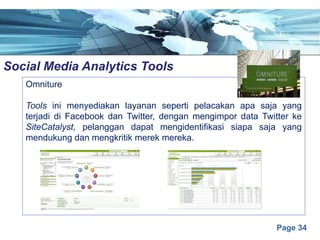Page 34
Social Media Analytics Toolse
Omniture
Tools ini menyediakan layanan seperti pelacakan apa saja yang
terjadi di Facebook dan Twitter, dengan mengimpor data Twitter ke
SiteCatalyst, pelanggan dapat mengidentifikasi siapa saja yang
mendukung dan mengkritik merek mereka.
 
