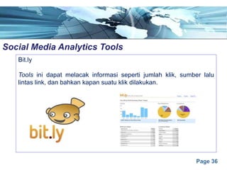 Page 36
Social Media Analytics Toolse
Bit.ly
Tools ini dapat melacak informasi seperti jumlah klik, sumber lalu
lintas link, dan bahkan kapan suatu klik dilakukan.
 