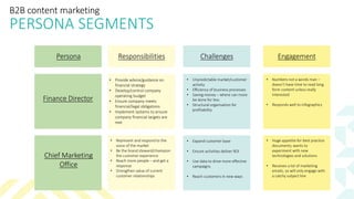 B2B content marketing
PERSONA SEGMENTS
Persona
Finance Director
Chief Marketing
Office
Responsibilities Challenges Engagement
• Provide advice/guidance on
financial strategy
• Develop/control company
operating budget
• Ensure company meets
financial/legal obligations
• Implement systems to ensure
company financial targets are
met
• Unpredictable market/customer
activity
• Efficiency of business processes
• Saving money – where can more
be done for less
• Structural organisation for
profitability
• Numbers not a words man –
doesn’t have time to read long
form content unless really
interested
• Responds well to infographics
• Represent and respond to the
voice of the market
• Be the brand steward/champion
the customer experience
• Reach more people – and get a
response
• Strengthen value of current
customer relationships
• Expand customer base
• Ensure activities deliver ROI
• Use data to drive more effective
campaigns
• Reach customers in new ways
• Huge appetite for best practice
documents; wants to
experiment with new
technologies and solutions
• Receives a lot of marketing
emails, so will only engage with
a catchy subject line
 