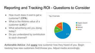 Reporting and Tracking ROI - Questions to Consider
● How much does it cost to get a
customer? (CPA)
● What is the lifetime value of a
customer (LVC)?
● What advertising are you doing
today?
● Do you understand by contribution
to each channel?
Actionable Advice: Ask every new customer how they heard of you. Begin
tracking how new customers find/choose you. Adjust media accordingly.
 