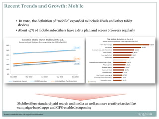 Recent Trends and Growth: Mobile
• In 2010, the definition of “mobile” expanded to include iPads and other tablet
devices
• About 47% of mobile subscribers have a data plan and access browsers regularly
Source: comScore 2010 US Digital Year in Review
Mobile offers standard paid search and media as well as more creative tactics like
campaign-based apps and GPS-enabled couponing
2/15/2011
 