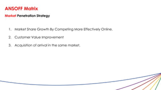 ANSOFF Matrix
Market Penetration Strategy
1. Market Share Growth By Competing More Effectively Online.
2. Customer Value Improvement
3. Acquisition of arrival in the same market.
 