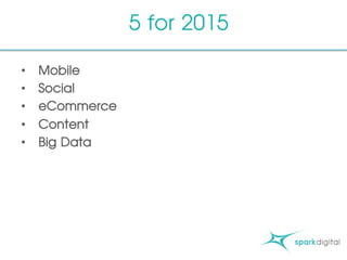 5 for 2015
•  Mobile
•  Social
•  eCommerce
•  Content
•  Big Data
 