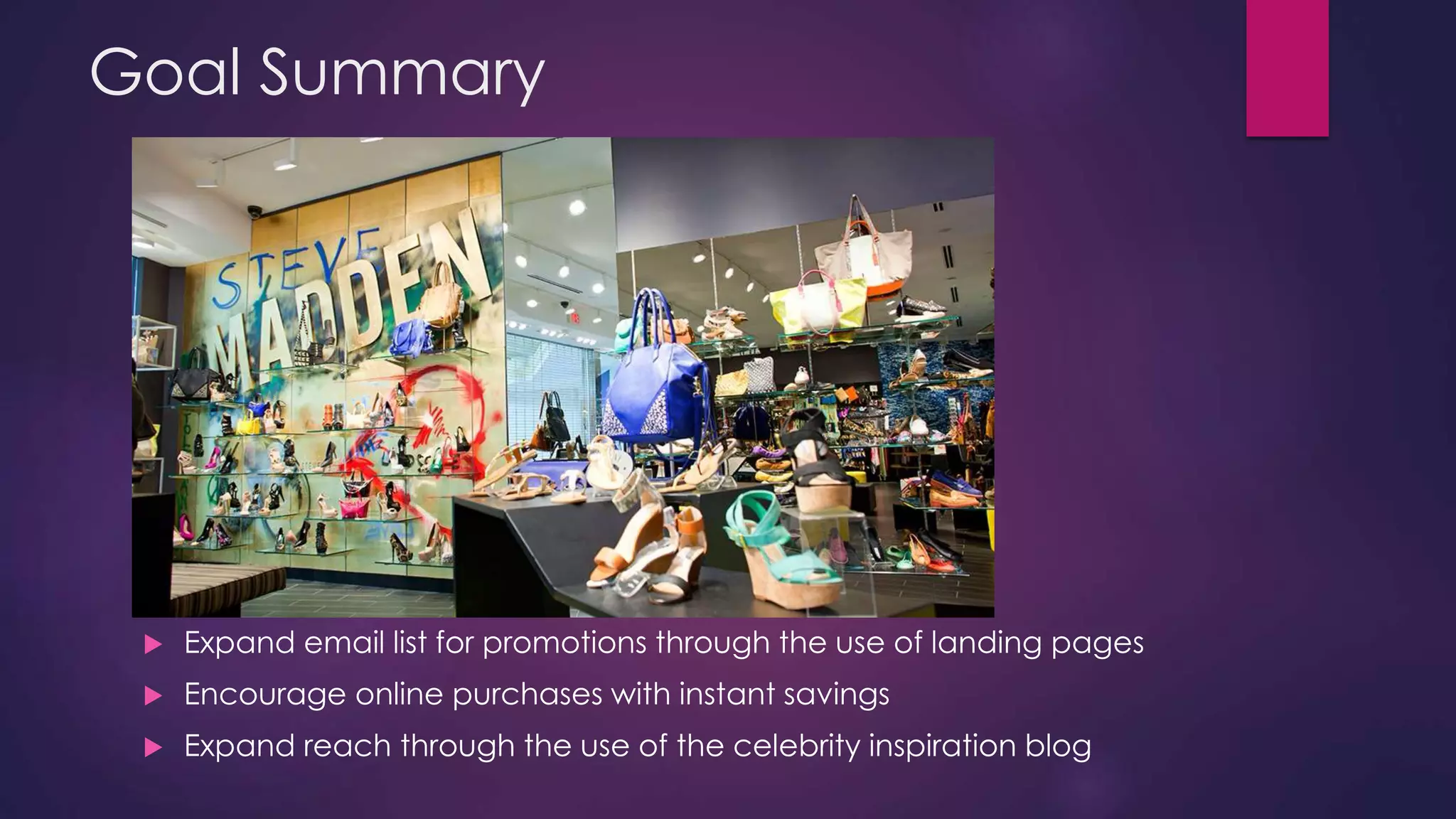 Goal Summary
Expand email list for promotions through the use of landing pages
Encourage online purchases with instant savings
Expand reach through the use of the celebrity inspiration blog