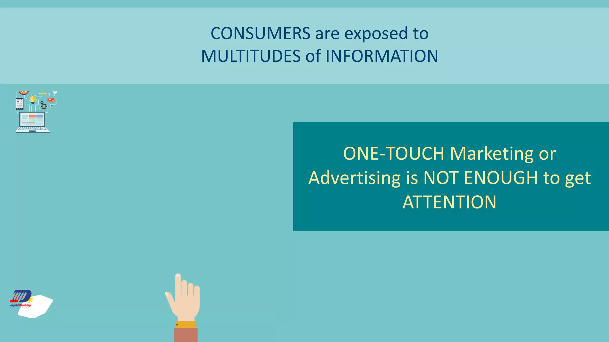 ONE-TOUCH Marketing or
Advertising is NOT ENOUGH to get
ATTENTION
CONSUMERS are exposed to
MULTITUDES of INFORMATION
 