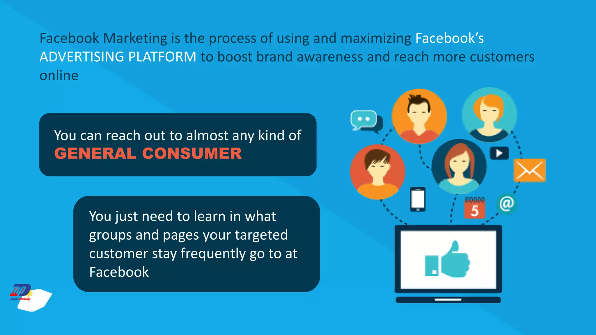 Facebook Marketing is the process of using and maximizing Facebook’s
ADVERTISING PLATFORM to boost brand awareness and reach more customers
online
You can reach out to almost any kind of
GENERAL CONSUMER
You just need to learn in what
groups and pages your targeted
customer stay frequently go to at
Facebook
 