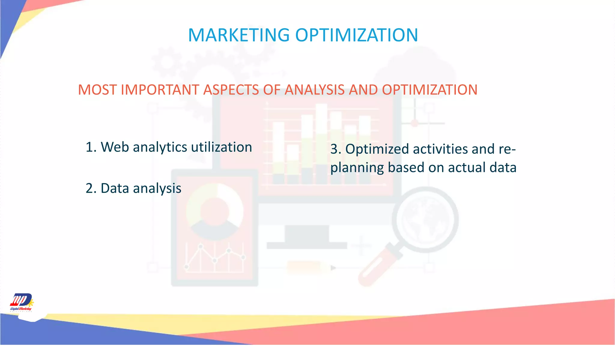 MOST IMPORTANT ASPECTS OF ANALYSIS AND OPTIMIZATION
1. Web analytics utilization
2. Data analysis
3. Optimized activities and re-
planning based on actual data
MARKETING OPTIMIZATION
 