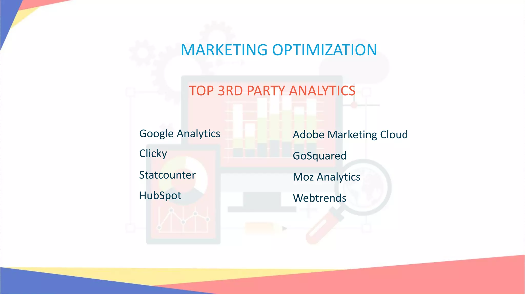 TOP 3RD PARTY ANALYTICS
Google Analytics
Clicky
Statcounter
HubSpot
Adobe Marketing Cloud
GoSquared
Moz Analytics
Webtrends
MARKETING OPTIMIZATION
 