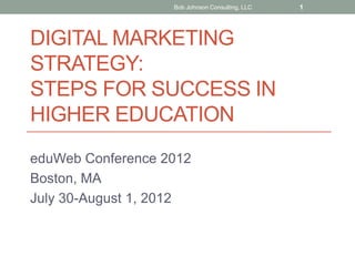 Bob Johnson Consulting, LLC   1




DIGITAL MARKETING
STRATEGY:
STEPS FOR SUCCESS IN
HIGHER EDUCATION
eduWeb Conference 2012
Boston, MA
July 30-August 1, 2012
 