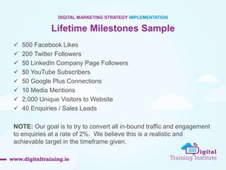 50 
DIGITAL MARKETING STRATEGY IMPLEMENTATION 
Lifetime Milestones Sample 
 500 Facebook Likes 
 200 Twitter Followers 
 50 LinkedIn Company Page Followers 
 50 YouTube Subscribers 
 50 Google Plus Connections 
 10 Media Mentions 
 2,000 Unique Visitors to Website 
 40 Enquiries / Sales Leads 
NOTE: Our goal is to try to convert all in-bound traffic and engagement 
to enquiries at a rate of 2%. We believe this is a realistic and 
achievable target in the timeframe given. 
 