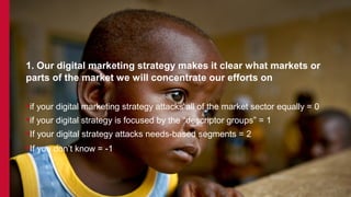 1. Our digital marketing strategy makes it clear what markets or
parts of the market we will concentrate our efforts on
if your digital marketing strategy attacks all of the market sector equally = 0
if your digital strategy is focused by the “descriptor groups” = 1
If your digital strategy attacks needs-based segments = 2
If you don’t know = -1
 