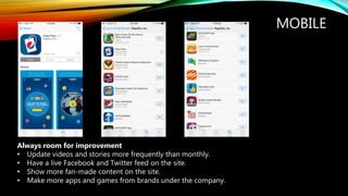 MOBILE
Always room for improvement
• Update videos and stories more frequently than monthly.
• Have a live Facebook and Twitter feed on the site.
• Show more fan-made content on the site.
• Make more apps and games from brands under the company.
 