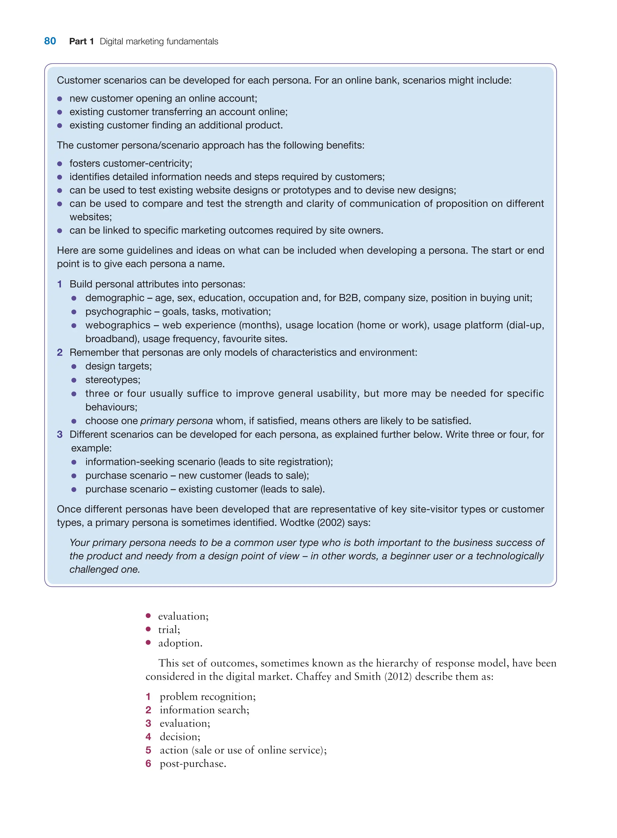 80 Part 1 Digital marketing fundamentals
●
● evaluation;
●
● trial;
●
● adoption.
This set of outcomes, sometimes known as the hierarchy of response model, have been
considered in the digital market. Chaffey and Smith (2012) describe them as:
1 problem recognition;
2 information search;
3 evaluation;
4 decision;
5 action (sale or use of online service);
6 post-purchase.
Customer scenarios can be developed for each persona. For an online bank, scenarios might include:
●
● new customer opening an online account;
●
● existing customer transferring an account online;
●
● existing customer finding an additional product.
The customer persona/scenario approach has the following benefits:
●
● fosters customer-centricity;
●
● identifies detailed information needs and steps required by customers;
●
● can be used to test existing website designs or prototypes and to devise new designs;
●
● can be used to compare and test the strength and clarity of communication of proposition on different
websites;
●
● can be linked to specific marketing outcomes required by site owners.
Here are some guidelines and ideas on what can be included when developing a persona. The start or end
point is to give each persona a name.
1 Build personal attributes into personas:
●
● demographic – age, sex, education, occupation and, for B2B, company size, position in buying unit;
●
● psychographic – goals, tasks, motivation;
●
● webographics – web experience (months), usage location (home or work), usage platform (dial-up,
broadband), usage frequency, favourite sites.
2 Remember that personas are only models of characteristics and environment:
●
● design targets;
●
● stereotypes;
●
● three or four usually suffice to improve general usability, but more may be needed for specific
behaviours;
●
● choose one primary persona whom, if satisfied, means others are likely to be satisfied.
3 Different scenarios can be developed for each persona, as explained further below. Write three or four, for
example:
●
● information-seeking scenario (leads to site registration);
●
● purchase scenario – new customer (leads to sale);
●
● purchase scenario – existing customer (leads to sale).
Once different personas have been developed that are representative of key site-visitor types or customer
types, a primary persona is sometimes identified. Wodtke (2002) says:
Your primary persona needs to be a common user type who is both important to the business success of
the product and needy from a design point of view – in other words, a beginner user or a technologically
challenged one.
 