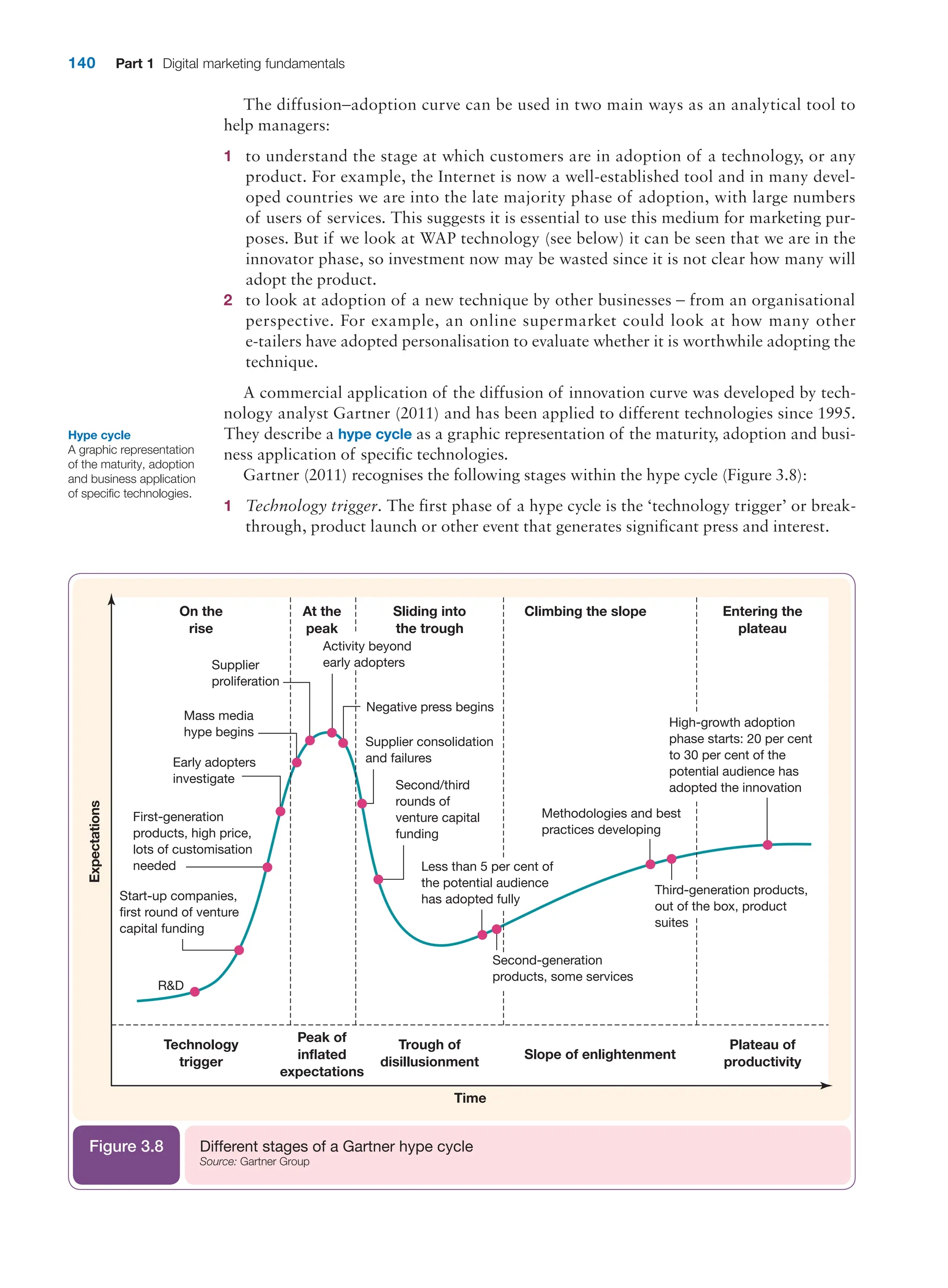 140 Part 1 Digital marketing fundamentals
The diffusion–adoption curve can be used in two main ways as an analytical tool to
help managers:
1 to understand the stage at which customers are in adoption of a technology, or any
product. For example, the Internet is now a well-established tool and in many devel-
oped countries we are into the late majority phase of adoption, with large numbers
of users of services. This suggests it is essential to use this medium for marketing pur-
poses. But if we look at WAP technology (see below) it can be seen that we are in the
innovator phase, so investment now may be wasted since it is not clear how many will
adopt the product.
2 to look at adoption of a new technique by other businesses – from an organisational
perspective. For example, an online supermarket could look at how many other
e-tailers have adopted personalisation to evaluate whether it is worthwhile adopting the
technique.
A commercial application of the diffusion of innovation curve was developed by tech-
nology analyst Gartner (2011) and has been applied to different technologies since 1995.
They describe a hype cycle as a graphic representation of the maturity, adoption and busi-
ness application of specific technologies.
Gartner (2011) recognises the following stages within the hype cycle (Figure 3.8):
1 Technology trigger. The first phase of a hype cycle is the ‘technology trigger’ or break-
through, product launch or other event that generates significant press and interest.
Hype cycle
A graphic representation
of the maturity, adoption
and business application
of specific technologies.
Time
Technology
trigger
Peak of
inflated
expectations
Trough of
disillusionment
Slope of enlightenment
Plateau of
productivity
On the
rise
At the
peak
Sliding into
the trough
Climbing the slope Entering the
plateau
RD
Start-up companies,
first round of venture
capital funding
First-generation
products, high price,
lots of customisation
needed
Early adopters
investigate
Mass media
hype begins
Supplier
proliferation
Negative press begins
Supplier consolidation
and failures
Second/third
rounds of
venture capital
funding
Expectations
Methodologies and best
practices developing
High-growth adoption
phase starts: 20 per cent
to 30 per cent of the
potential audience has
adopted the innovation
Activity beyond
early adopters
Less than 5 per cent of
the potential audience
has adopted fully
Second-generation
products, some services
Third-generation products,
out of the box, product
suites
Different stages of a Gartner hype cycle
Source: Gartner Group
Figure 3.8
 