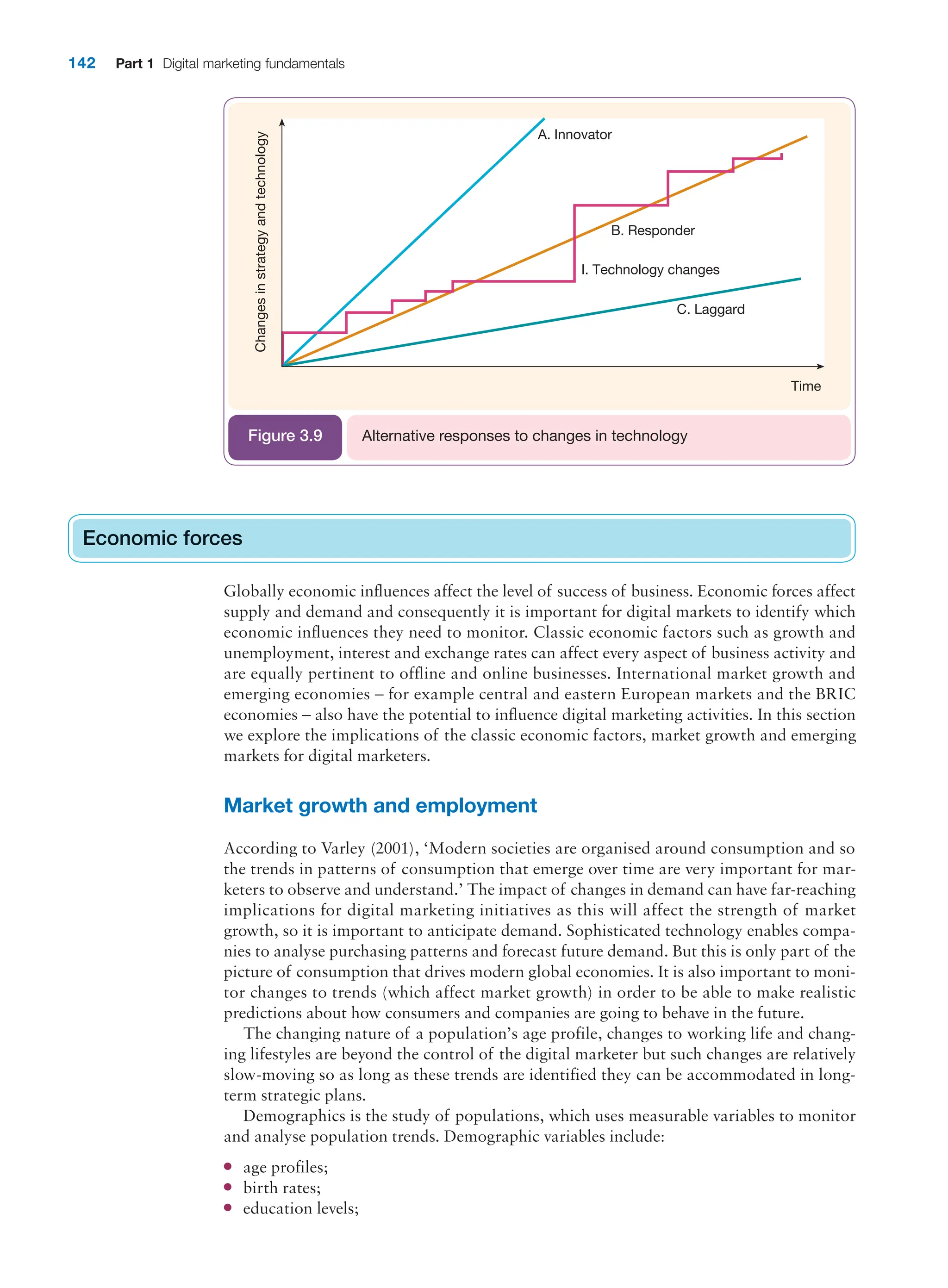 142 Part 1 Digital marketing fundamentals
Economic forces
Globally economic influences affect the level of success of business. Economic forces affect
supply and demand and consequently it is important for digital markets to identify which
economic influences they need to monitor. Classic economic factors such as growth and
unemployment, interest and exchange rates can affect every aspect of business activity and
are equally pertinent to offline and online businesses. International market growth and
emerging economies – for example central and eastern European markets and the BRIC
economies – also have the potential to influence digital marketing activities. In this section
we explore the implications of the classic economic factors, market growth and emerging
markets for digital marketers.
Market growth and employment
According to Varley (2001), ‘Modern societies are organised around consumption and so
the trends in patterns of consumption that emerge over time are very important for mar-
keters to observe and understand.’ The impact of changes in demand can have far-reaching
implications for digital marketing initiatives as this will affect the strength of market
growth, so it is important to anticipate demand. Sophisticated technology enables compa-
nies to analyse purchasing patterns and forecast future demand. But this is only part of the
picture of consumption that drives modern global economies. It is also important to moni-
tor changes to trends (which affect market growth) in order to be able to make realistic
predictions about how consumers and companies are going to behave in the future.
The changing nature of a population’s age profile, changes to working life and chang-
ing lifestyles are beyond the control of the digital marketer but such changes are relatively
slow-moving so as long as these trends are identified they can be accommodated in long-
term strategic plans.
Demographics is the study of populations, which uses measurable variables to monitor
and analyse population trends. Demographic variables include:
● age profiles;
● birth rates;
● education levels;
Economic forces
Changes
in
strategy
and
technology
Time
A. Innovator
I. Technology changes
C. Laggard
B. Responder
Alternative responses to changes in technology
Figure 3.9
 