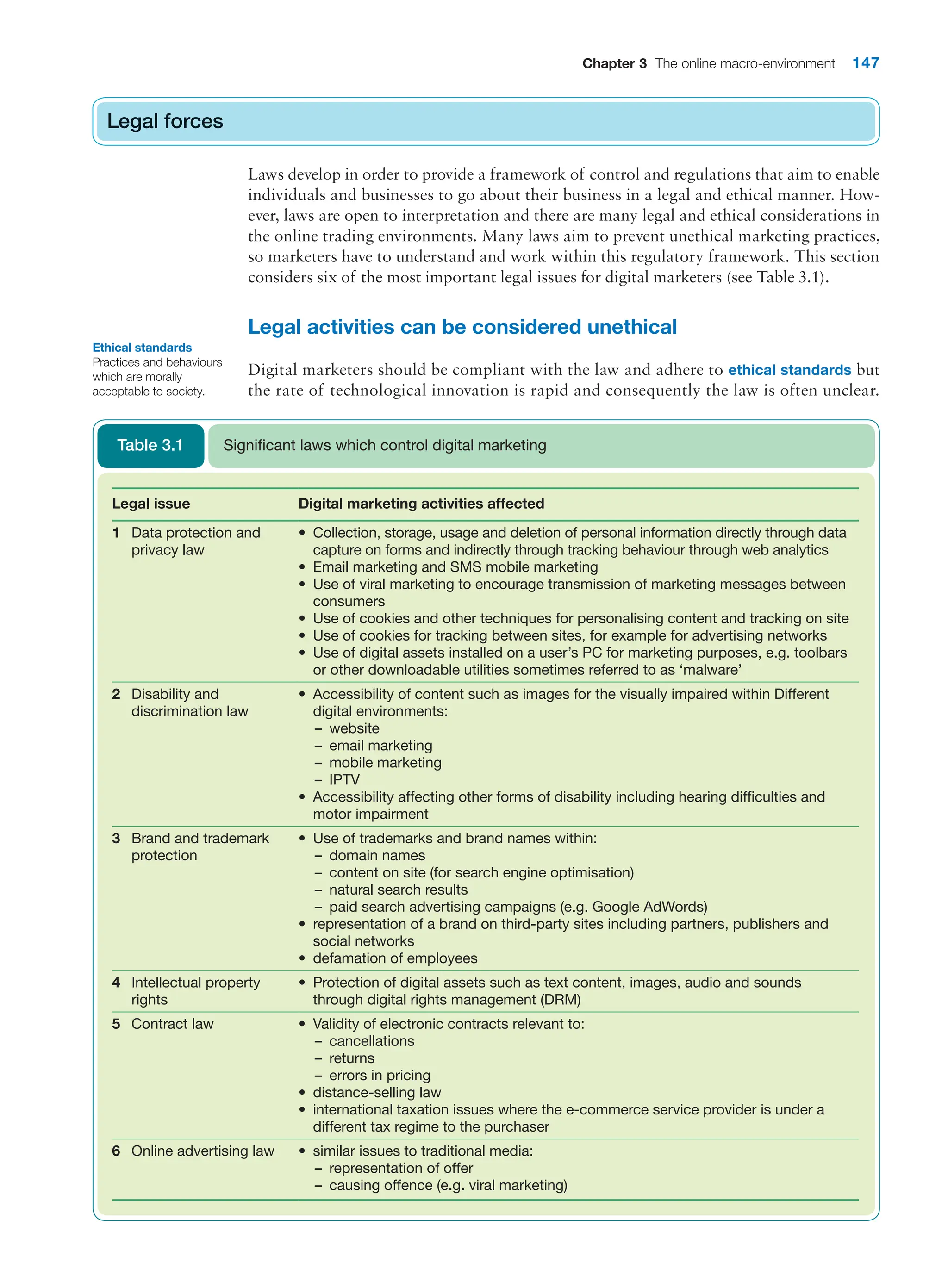 Chapter 3 The online macro-environment 147
Legal forces
Laws develop in order to provide a framework of control and regulations that aim to enable
individuals and businesses to go about their business in a legal and ethical manner. How-
ever, laws are open to interpretation and there are many legal and ethical considerations in
the online trading environments. Many laws aim to prevent unethical marketing practices,
so marketers have to understand and work within this regulatory framework. This section
considers six of the most important legal issues for digital marketers (see Table 3.1).
Legal activities can be considered unethical
Digital marketers should be compliant with the law and adhere to ethical standards but
the rate of technological innovation is rapid and consequently the law is often unclear.
Legal forces
Legal issue Digital marketing activities affected
1 Data protection and
privacy law
• Collection, storage, usage and deletion of personal information directly through data
capture on forms and indirectly through tracking behaviour through web analytics
• Email marketing and SMS mobile marketing
• Use of viral marketing to encourage transmission of marketing messages between
consumers
• Use of cookies and other techniques for personalising content and tracking on site
• Use of cookies for tracking between sites, for example for advertising networks
• Use of digital assets installed on a user’s PC for marketing purposes, e.g. toolbars
or other downloadable utilities sometimes referred to as ‘malware’
2 Disability and
discrimination law
• Accessibility of content such as images for the visually impaired within Different
digital environments:
– website
– email marketing
– mobile marketing
– IPTV
• Accessibility affecting other forms of disability including hearing difficulties and
motor impairment
3 Brand and trademark
protection
• Use of trademarks and brand names within:
– domain names
– content on site (for search engine optimisation)
– natural search results
– paid search advertising campaigns (e.g. Google AdWords)
• representation of a brand on third-party sites including partners, publishers and
social networks
• defamation of employees
4 Intellectual property
rights
• Protection of digital assets such as text content, images, audio and sounds
through digital rights management (DRM)
5 Contract law • Validity of electronic contracts relevant to:
– cancellations
– returns
– errors in pricing
• distance-selling law
• international taxation issues where the e-commerce service provider is under a
different tax regime to the purchaser
6 Online advertising law • similar issues to traditional media:
– representation of offer
– causing offence (e.g. viral marketing)
Significant laws which control digital marketing
Table 3.1
Ethical standards
Practices and behaviours
which are morally
acceptable to society.
 