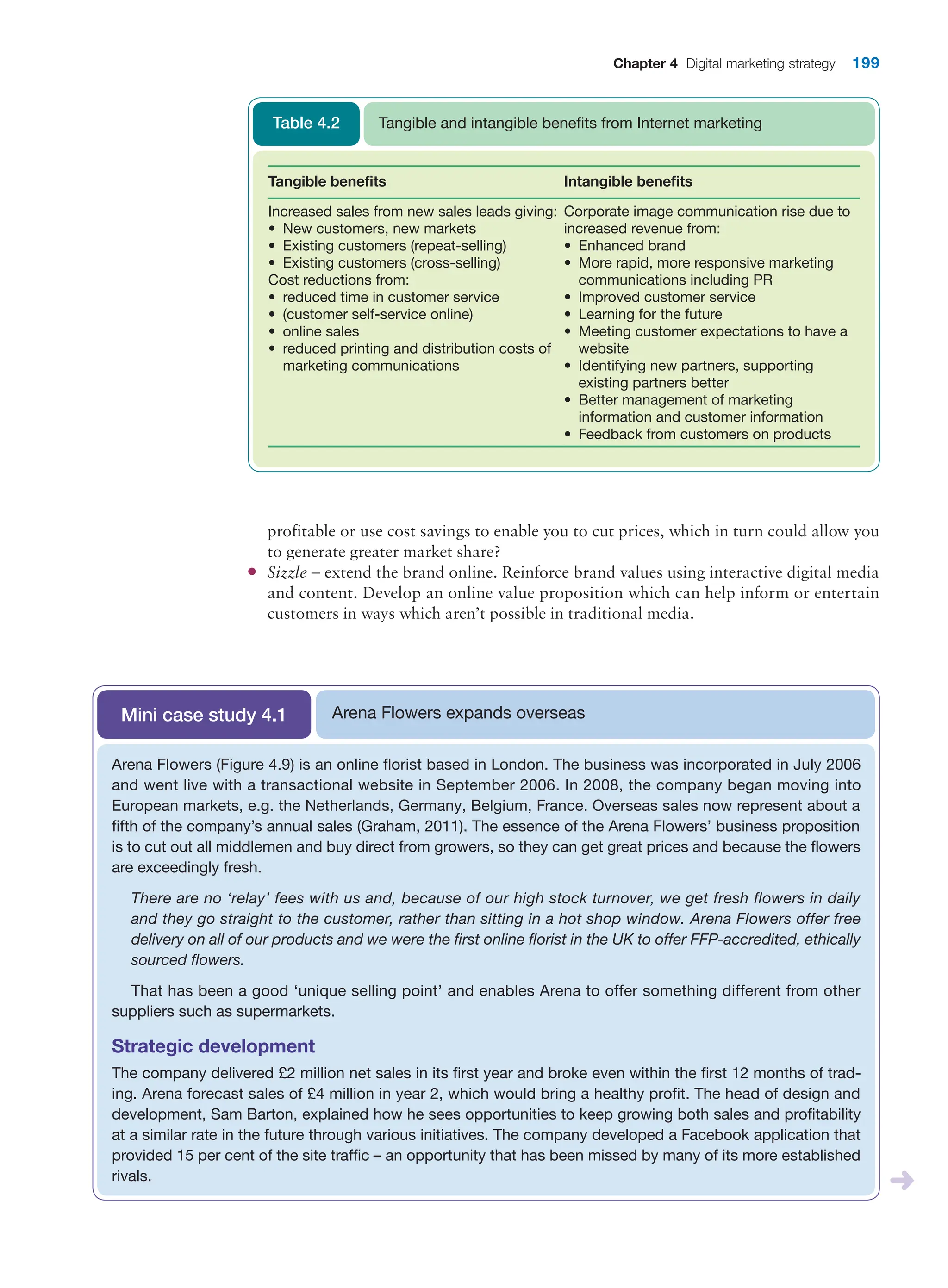 Chapter 4 Digital marketing strategy 199
Tangible benefits Intangible benefits
Increased sales from new sales leads giving:
• New customers, new markets
• Existing customers (repeat-selling)
• Existing customers (cross-selling)
Cost reductions from:
• reduced time in customer service
• (customer self-service online)
• online sales
• reduced printing and distribution costs of
marketing communications
Corporate image communication rise due to
increased revenue from:
• Enhanced brand
• More rapid, more responsive marketing
communications including PR
• Improved customer service
• Learning for the future
• Meeting customer expectations to have a
website
• Identifying new partners, supporting
existing partners better
• Better management of marketing
information and customer information
• Feedback from customers on products
Tangible and intangible benefits from Internet marketing
Table 4.2
profitable or use cost savings to enable you to cut prices, which in turn could allow you
to generate greater market share?
●
● Sizzle – extend the brand online. Reinforce brand values using interactive digital media
and content. Develop an online value proposition which can help inform or entertain
customers in ways which aren’t possible in traditional media.
Arena Flowers expands overseas
Mini case study 4.1
Arena Flowers (Figure 4.9) is an online florist based in London. The business was incorporated in July 2006
and went live with a transactional website in September 2006. In 2008, the company began moving into
­
European markets, e.g. the Netherlands, Germany, Belgium, France. Overseas sales now represent about a
fifth of the company’s annual sales (Graham, 2011). The essence of the Arena Flowers’ business proposition
is to cut out all middlemen and buy direct from growers, so they can get great prices and because the flowers
are exceedingly fresh.
There are no ‘relay’ fees with us and, because of our high stock turnover, we get fresh flowers in daily
and they go straight to the customer, rather than sitting in a hot shop window. Arena Flowers offer free
delivery on all of our products and we were the first online florist in the UK to offer FFP-accredited, ethically
sourced flowers.
That has been a good ‘unique selling point’ and enables Arena to offer something different from other
suppliers such as supermarkets.
Strategic development
The company delivered £2 million net sales in its first year and broke even within the first 12 months of trad-
ing. Arena forecast sales of £4 million in year 2, which would bring a healthy profit. The head of design and
development, Sam Barton, explained how he sees opportunities to keep growing both sales and profitability
at a similar rate in the future through various initiatives. The company developed a Facebook application that
provided 15 per cent of the site traffic – an opportunity that has been missed by many of its more established
rivals.
 