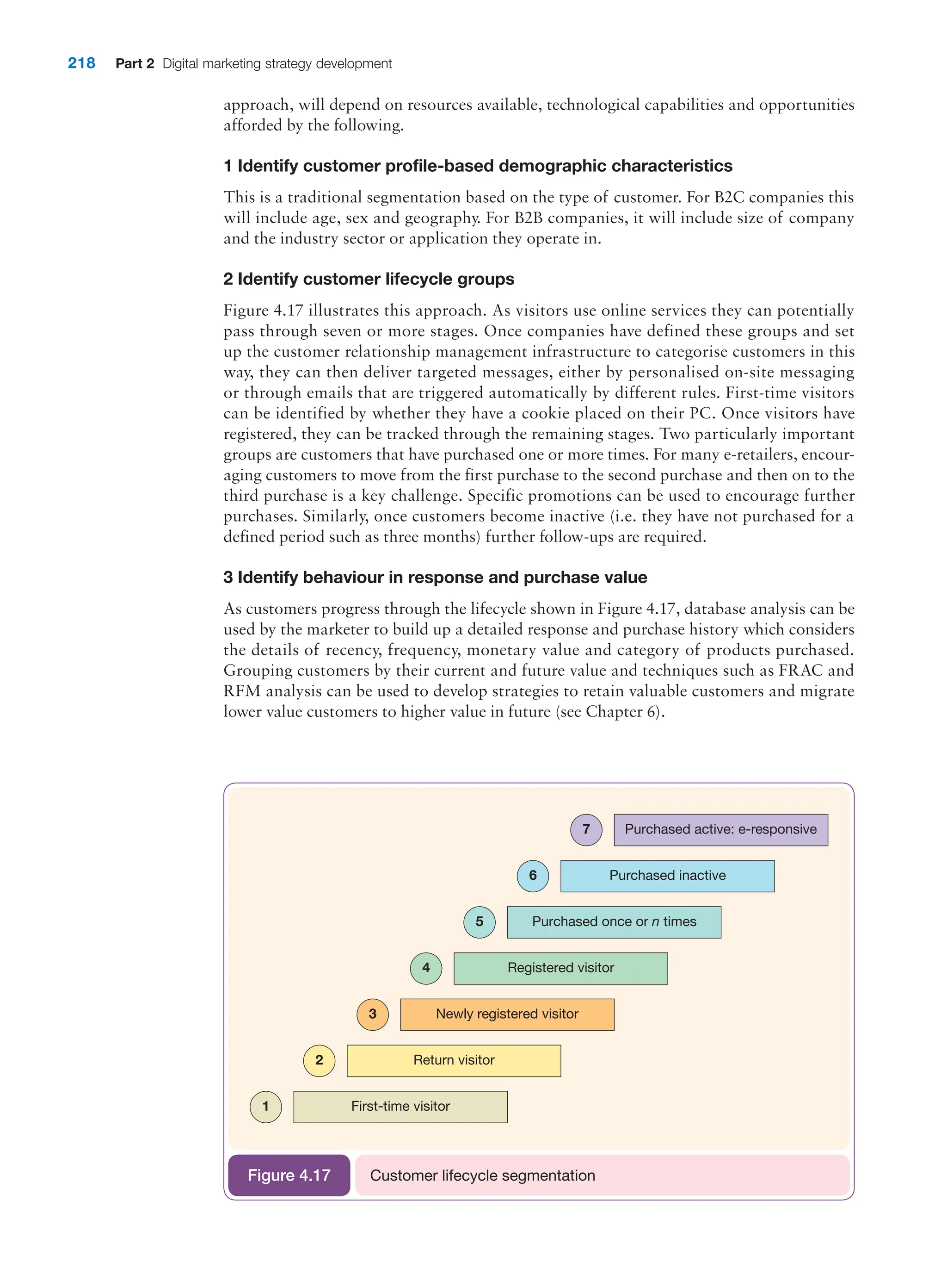 218 Part 2 Digital marketing strategy development
approach, will depend on resources available, technological capabilities and opportunities
afforded by the following.
1 Identify customer profile-based demographic characteristics
This is a traditional segmentation based on the type of customer. For B2C companies this
will include age, sex and geography. For B2B companies, it will include size of company
and the industry sector or application they operate in.
2 Identify customer lifecycle groups
Figure 4.17 illustrates this approach. As visitors use online services they can potentially
pass through seven or more stages. Once companies have defined these groups and set
up the customer relationship management infrastructure to categorise customers in this
way, they can then deliver targeted messages, either by personalised on-site messaging
or through emails that are triggered automatically by different rules. First-time visitors
can be identified by whether they have a cookie placed on their PC. Once visitors have
registered, they can be tracked through the remaining stages. Two particularly important
groups are customers that have purchased one or more times. For many e-retailers, encour-
aging customers to move from the first purchase to the second purchase and then on to the
third purchase is a key challenge. Specific promotions can be used to encourage further
purchases. Similarly, once customers become inactive (i.e. they have not purchased for a
defined period such as three months) further follow-ups are required.
3 Identify behaviour in response and purchase value
As customers progress through the lifecycle shown in Figure 4.17, database analysis can be
used by the marketer to build up a detailed response and purchase history which considers
the details of recency, frequency, monetary value and category of products purchased.
Grouping customers by their current and future value and techniques such as FRAC and
RFM analysis can be used to develop strategies to retain valuable customers and migrate
lower value customers to higher value in future (see Chapter 6).
Purchased active: e-responsive
7
Purchased inactive
6
Purchased once or n times
5
Registered visitor
4
Newly registered visitor
3
Return visitor
2
First-time visitor
1
Customer lifecycle segmentation
Figure 4.17
 