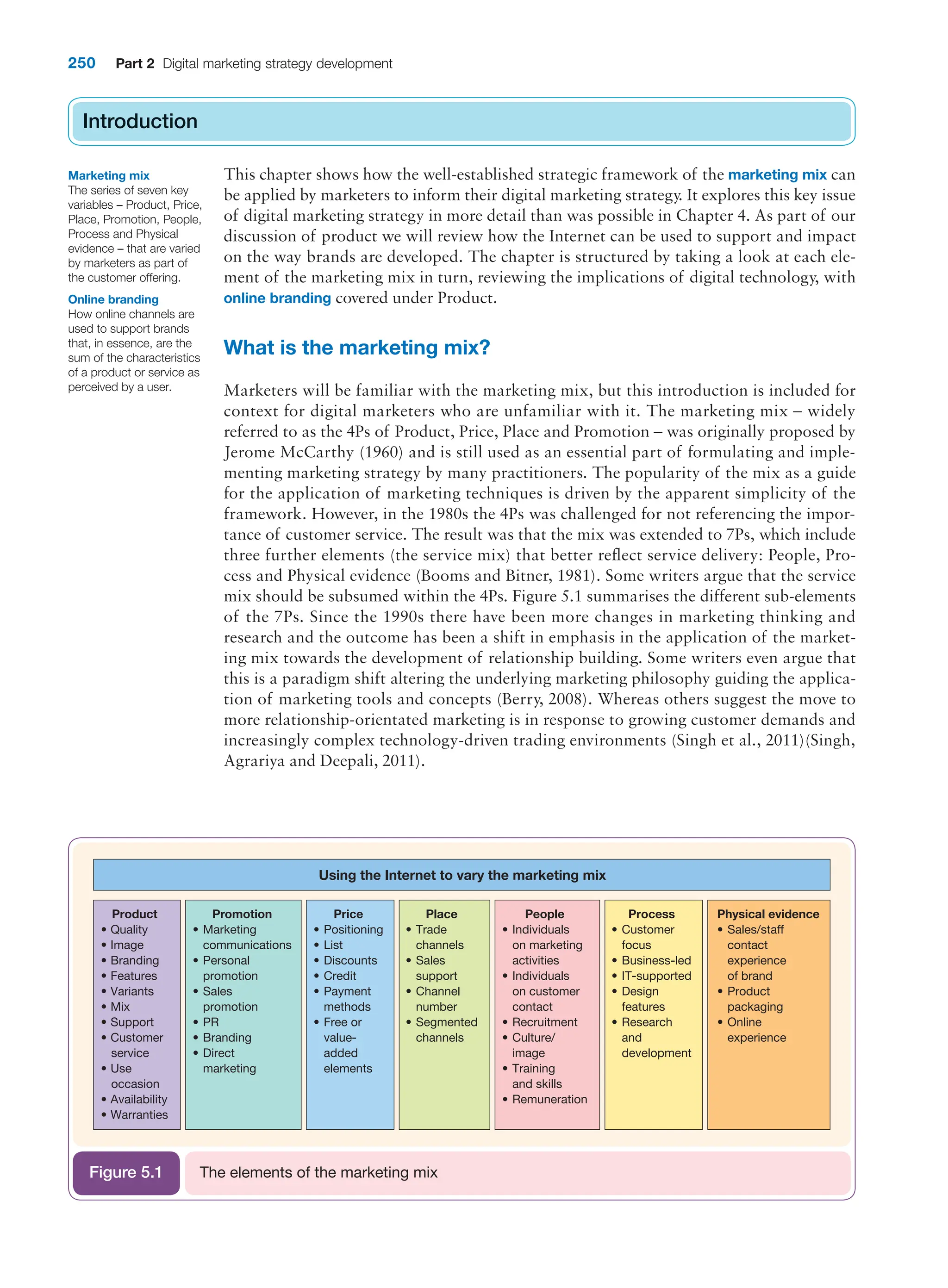 250 Part 2 Digital marketing strategy development
Introduction
This chapter shows how the well-established strategic framework of the marketing mix can
be applied by marketers to inform their digital marketing strategy. It explores this key issue
of digital marketing strategy in more detail than was possible in Chapter 4. As part of our
discussion of product we will review how the Internet can be used to support and impact
on the way brands are developed. The chapter is structured by taking a look at each ele-
ment of the marketing mix in turn, reviewing the implications of digital technology, with
online branding covered under Product.
What is the marketing mix?
Marketers will be familiar with the marketing mix, but this introduction is included for
context for digital marketers who are unfamiliar with it. The marketing mix – widely
referred to as the 4Ps of Product, Price, Place and Promotion – was originally proposed by
Jerome McCarthy (1960) and is still used as an essential part of formulating and imple-
menting marketing strategy by many practitioners. The popularity of the mix as a guide
for the application of marketing techniques is driven by the apparent simplicity of the
framework. However, in the 1980s the 4Ps was challenged for not referencing the impor-
tance of customer service. The result was that the mix was extended to 7Ps, which include
three further elements (the service mix) that better reflect service delivery: People, Pro-
cess and Physical evidence (Booms and Bitner, 1981). Some writers argue that the service
mix should be subsumed within the 4Ps. Figure 5.1 summarises the different sub-elements
of the 7Ps. Since the 1990s there have been more changes in marketing thinking and
research and the outcome has been a shift in emphasis in the application of the market-
ing mix towards the development of relationship building. Some writers even argue that
this is a paradigm shift altering the underlying marketing philosophy guiding the applica-
tion of marketing tools and concepts (Berry, 2008). Whereas others suggest the move to
more relationship-orientated marketing is in response to growing customer demands and
increasingly complex technology-driven trading environments (Singh et al., 2011)(Singh,
Agrariya and Deepali, 2011).
Introduction
Marketing mix
The series of seven key
variables – Product, Price,
Place, Promotion, People,
Process and Physical
evidence – that are varied
by marketers as part of
the customer offering.
Online branding
How online channels are
used to support brands
that, in essence, are the
sum of the characteristics
of a product or service as
perceived by a user.
Using the Internet to vary the marketing mix
Product
• Quality
• Image
• Branding
• Features
• Variants
• Mix
• Support
• Customer
service
• Use
occasion
• Availability
• Warranties
Promotion
• Marketing
communications
• Personal
promotion
• Sales
promotion
• PR
• Branding
• Direct
marketing
Price
• Positioning
• List
• Discounts
• Credit
• Payment
methods
• Free or
value-
added
elements
Place
• Trade
channels
• Sales
support
• Channel
number
• Segmented
channels
People
• Individuals
on marketing
activities
• Individuals
on customer
contact
• Recruitment
• Culture/
image
• Training
and skills
• Remuneration
Process
• Customer
focus
• Business-led
• IT-supported
• Design
features
• Research
and
development
Physical evidence
• Sales/staff
contact
experience
of brand
• Product
packaging
• Online
experience
The elements of the marketing mix
Figure 5.1
 