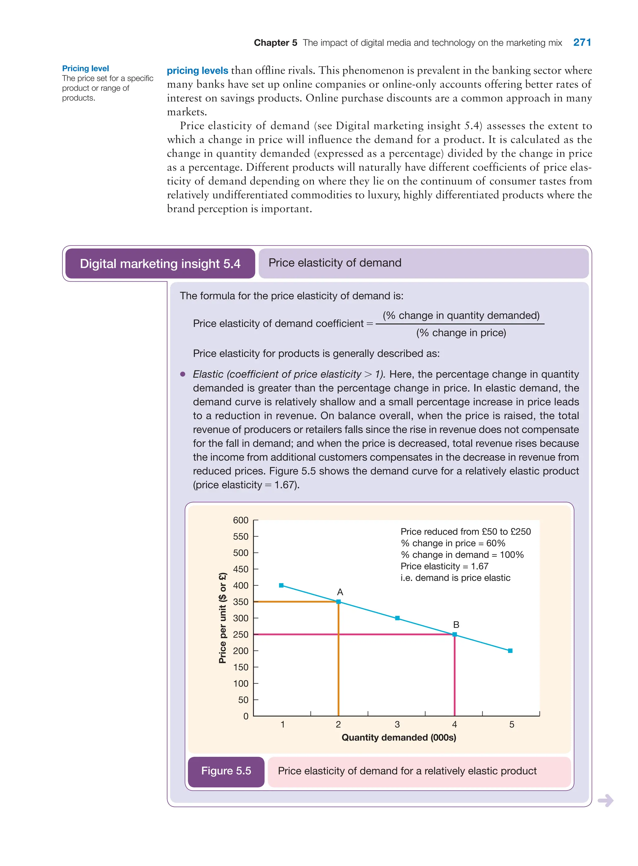 Chapter 5 The impact of digital media and technology on the marketing mix 271
pricing levels than offline rivals. This phenomenon is prevalent in the banking sector where
many banks have set up online companies or online-only accounts offering better rates of
interest on savings products. Online purchase discounts are a common approach in many
markets.
Price elasticity of demand (see Digital marketing insight 5.4) assesses the extent to
which a change in price will influence the demand for a product. It is calculated as the
change in quantity demanded (expressed as a percentage) divided by the change in price
as a percentage. Different products will naturally have different coefficients of price elas-
ticity of demand depending on where they lie on the continuum of consumer tastes from
relatively undifferentiated commodities to luxury, highly differentiated products where the
brand perception is important.
Pricing level
The price set for a specific
product or range of
products.
The formula for the price elasticity of demand is:
(% change in quantity demanded)
Price elasticity of demand coefficient = ––––––––––––––––––––––––––––––––––––
(% change in price)
Price elasticity for products is generally described as:
●
● Elastic (coefficient of price elasticity 7 1). Here, the percentage change in quantity
demanded is greater than the percentage change in price. In elastic demand, the
demand curve is relatively shallow and a small percentage increase in price leads
to a reduction in revenue. On balance overall, when the price is raised, the total
revenue of producers or retailers falls since the rise in revenue does not compensate
for the fall in demand; and when the price is decreased, total revenue rises because
the income from additional customers compensates in the decrease in revenue from
reduced prices. Figure 5.5 shows the demand curve for a relatively elastic product
(price elasticity = 1.67).
Price elasticity of demand
Digital marketing insight 5.4
0
1 2
Quantity demanded (000s)
Price
per
unit
($
or
£)
3 4 5
50
100
150
200
250
300
350
400
450
500
550
600
A
Price reduced from £50 to £250
% change in price = 60%
% change in demand = 100%
Price elasticity = 1.67
i.e. demand is price elastic
B
Price elasticity of demand for a relatively elastic product
Figure 5.5
 